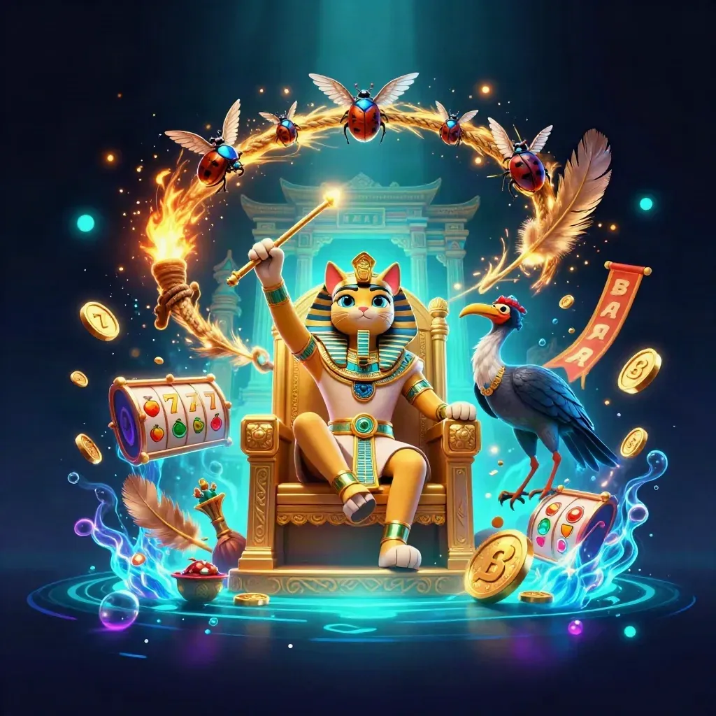 Pharaoh cat emas, ibis, dan scarab bercahaya di panggung kasino fantasi