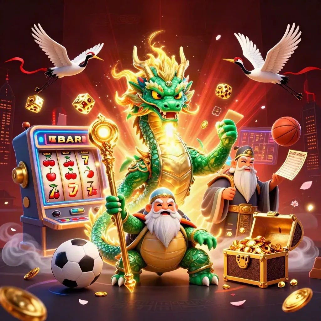 Naga zamrud, kura bijak, dan bangau di ledakan slot emas, bola olahraga melayang.