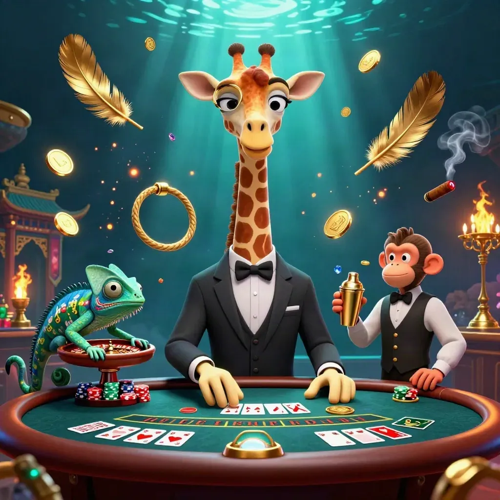 Jerapah high-roller, monyet valet, dan bunglon bartender di meja kasino mewah dengan nuansa emas.