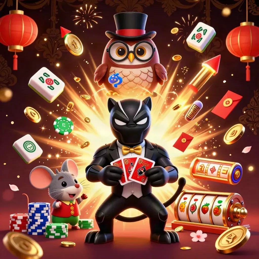 Panther tuxedo, burung hantu, dan tikus di ledakan koin emas dan kembang api.